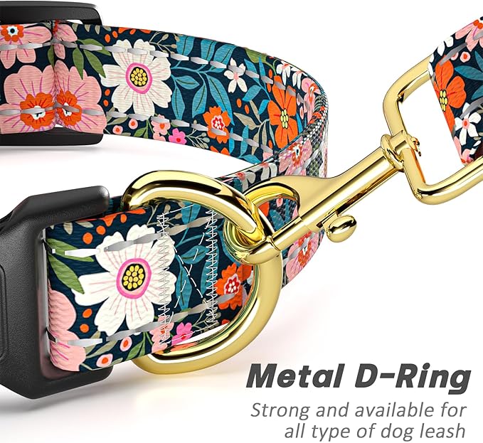 Reflective Dog Collar for Medium Dogs, Cute Flower Theme Adjustable Heavy-Duty Nylon Puppy Collar for Boy and Girl Female, Soft Pet Accessories with Quick Release Buckle, Elegant Floral