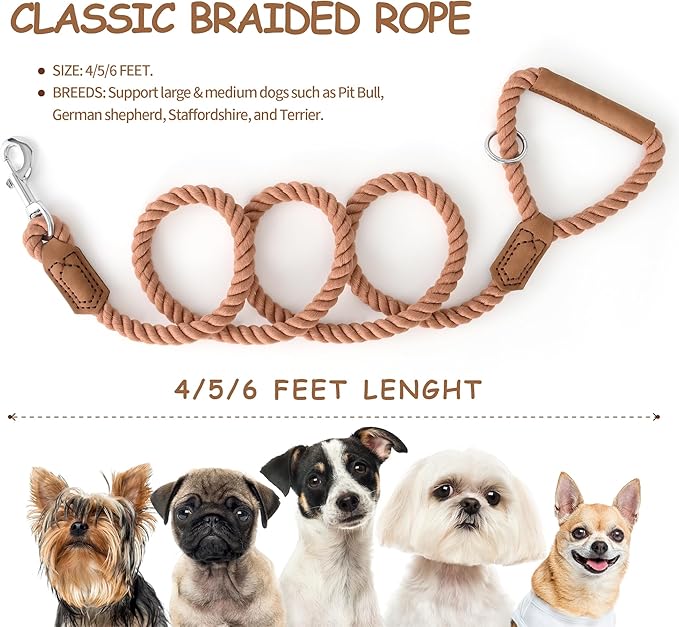 Mile High Life Dog Leash, Braided Cotton Rope Leashes with Leather Handle - Heavy Duty Metal Clasp, 5FT, 1/2" Thick - Wedding, Walking & Training Leash for Small Medium Large Dogs (Mocha Mousse)