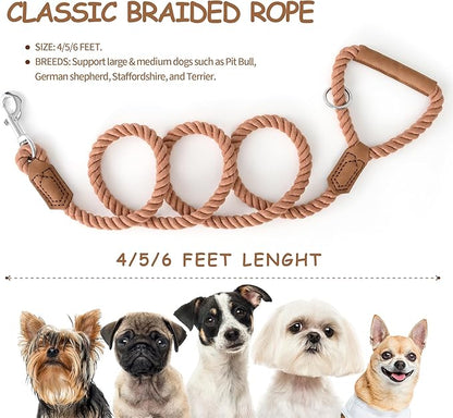 Mile High Life Dog Leash, Braided Cotton Rope Leashes with Leather Handle - Heavy Duty Metal Clasp, 6FT, 1/2" Thick - Wedding, Walking & Training Leash for Small Medium Large Dogs (Mocha Mousse)