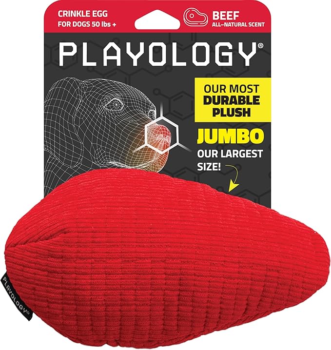 Playology Dog Toys | Plush Toy Crinkle Egg for Dogs | Jumbo Beef Scented Toy - Easy to Clean and Made from Non Toxic Materials