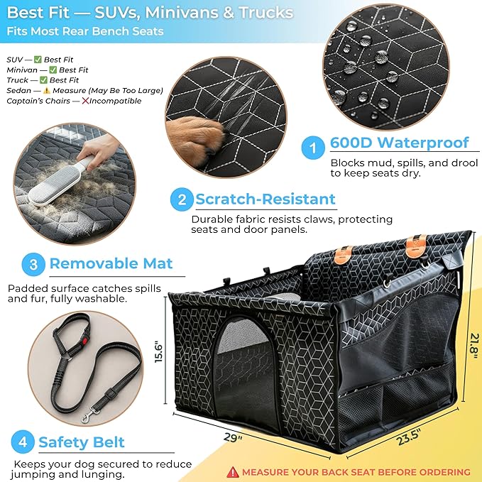 Dog Car Seat for Large Medium Dogs | Waterproof Half Hammock Back Seat Extender for Dogs with Hard Bottom | Alloy Twist-Lock Rods | 3 Mesh Windows | Removable Fleece Mat | Cars, SUVs, Trucks