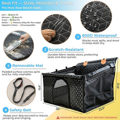 Dog Car Seat for Large Medium Dogs | Waterproof Half Hammock Back Seat Extender for Dogs with Hard Bottom | Alloy Twist-Lock Rods | 3 Mesh Windows | Removable Fleece Mat | Cars, SUVs, Trucks