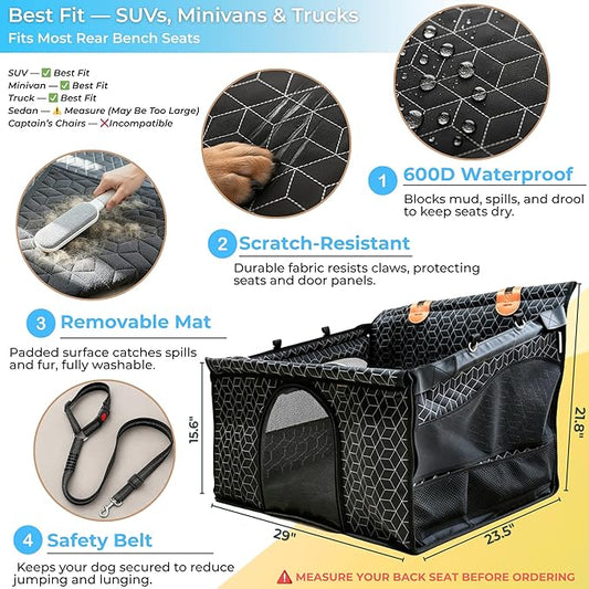 Dog Car Seat for Large Medium Dogs | Waterproof Half Hammock Back Seat Extender for Dogs with Hard Bottom | Alloy Twist-Lock Rods | 3 Mesh Windows | Removable Fleece Mat | Cars, SUVs, Trucks