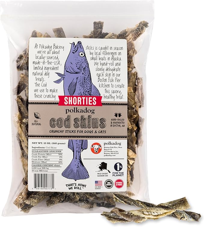 Polkadog Cod Skins for Dogs (12oz Shortie) - Single Ingredient, Wild-Caught Fish Skin Dog Treats for All Breeds – High in Lean Protein & Omega-3. Hypoallergenic, Grain Free. Handcrafted & Made in USA