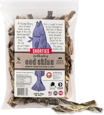 Polkadog Cod Skins for Dogs (12oz Shortie) - Single Ingredient, Wild-Caught Fish Skin Dog Treats for All Breeds – High in Lean Protein & Omega-3. Hypoallergenic, Grain Free. Handcrafted & Made in USA
