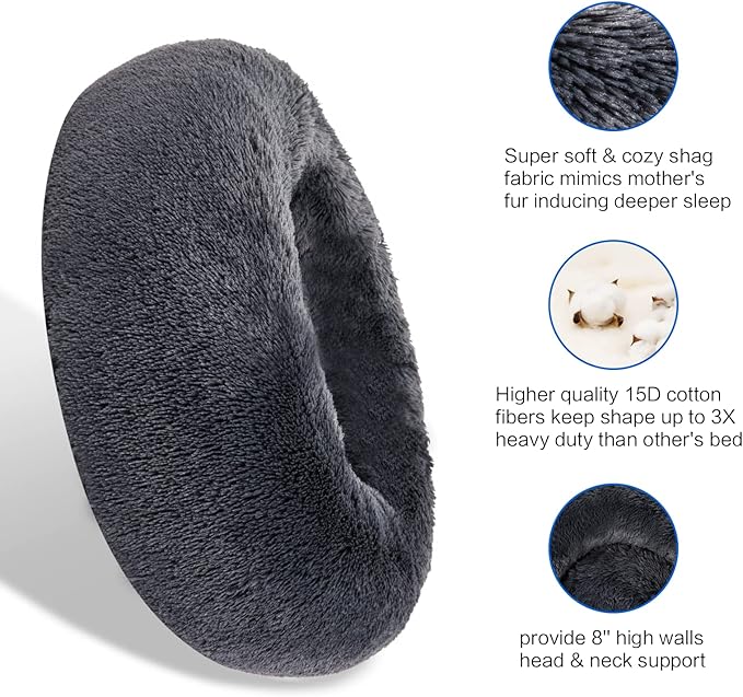 SAVFOX Plush Calming Donut Dog Beds for Small Dogs, Medium, Large & X-Large Breeds, Comfy Cuddler Dog Bed and Cat Bed in Faux Fur, Washable, Multiple Sizes S-XXL
