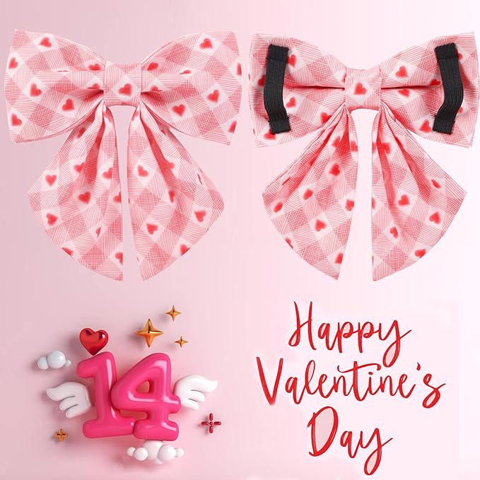 UP URARA PUP Valentine Dog Collar with Bow Tie, Medium Girl Dog, Cotton with Metal Buckle, Valentine's Day Gift, M, 13.5-22in, Pink Plaid