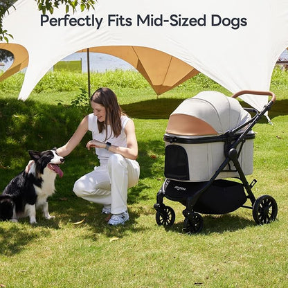 Pet Stroller with 4 Wheels, 4 in 1 Folding Puppy Strollers for Small/Medium Dogs up to 66lbs, Lightweight Pet Travel Carrier with Detachable Carrier/Storage Basket, One Click Folding, Beige