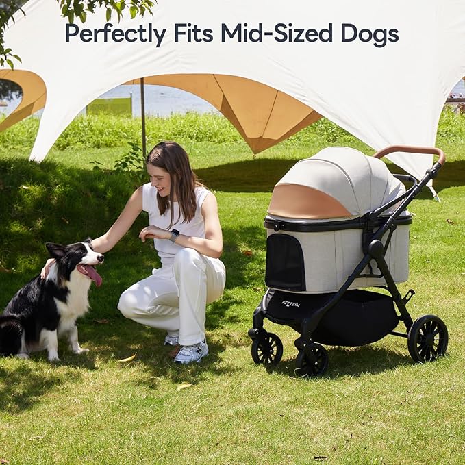 Pet Stroller with 4 Wheels, 4 in 1 Folding Puppy Strollers for Small/Medium Dogs up to 66lbs, Lightweight Pet Travel Carrier with Detachable Carrier/Storage Basket, One Click Folding, Beige