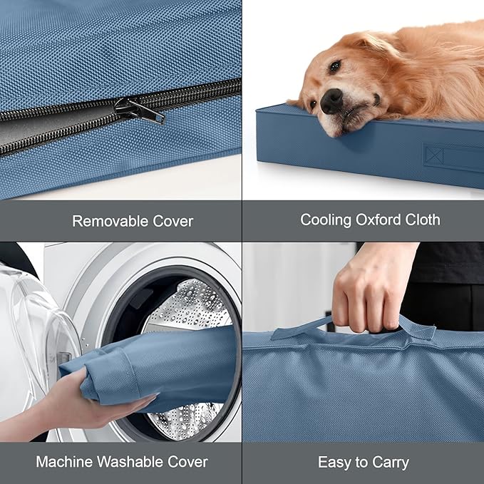 Tail Stories Outdoor Large Washable Dog Bed, Orthopedic Egg Crate Foam Dog Crate Mat for Large Dogs with Removable Oxford Cooling Cover, Blue