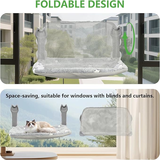 2 Pack Cat Window Perch,Cat Window Hammock Cordless Foldable Window Bed with 4 Large Strong Suction Cup,Reversible Cushion Cover,Metal Frame Easy to Adjust Window Seat Holds up to 40lbs(Star White，M