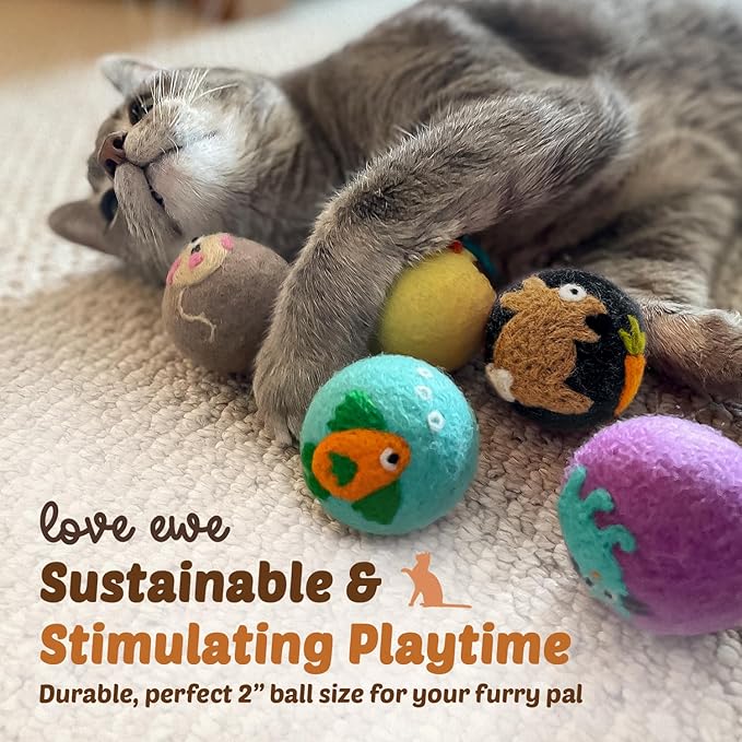 Hustle & Blush Love Ewe Felted Cat Toys 3 Pack - 2 Inch Duck & Bunny Hand Made Cute & Fun Design Kitten Wool Felt Balls for Indoor Play & Exercise - 100% New Zealand Handmade Felted Balls