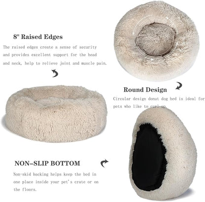 Calming Donut Dogs Beds for Small Dogs Washable,28inch Plush Round Pet Bed for Cozy Sleep,Fluffy Faux Fur Large Cat Bed,Fits up to 30 lbs Pets,Beige