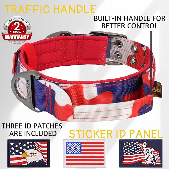 ADITYNA Heavy Duty Dog Collar for Large Dogs - Camo Red Blue Collar with Handle for Training, and Walking - Wide, Thick, Tactical, Soft Neoprene Padded