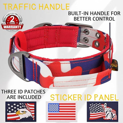 ADITYNA Heavy Duty Dog Collar for Medium Dogs - Camo Red Blue Collar with Handle for Training, and Walking - Wide, Thick, Tactical, Soft Neoprene Padded