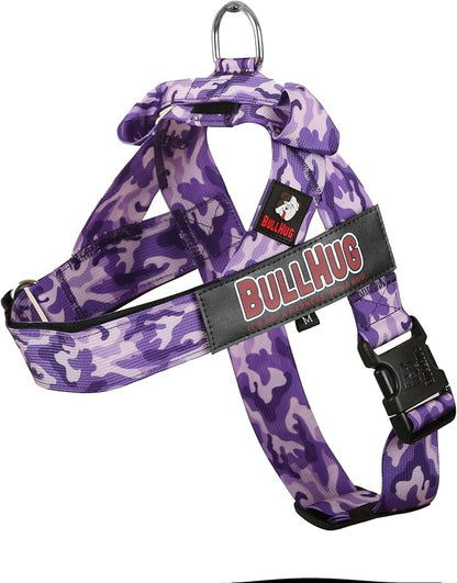 BULLHUG Adjustable Dog Harness– No Pull, No Choke – for English Bulldogs, French Bulldogs, Pugs & Broad-Chested Breeds – Easy, Safe Walks (Purple Camouflage, XS)