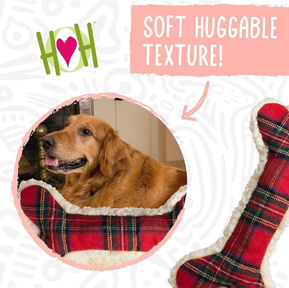 HuggleHounds Tartan Tidings Plush Bone Dog Toy - Dog Fuzzy Bone Toy, Soft Fleece, Durable, Stuffed Plush for Large Breeds, Puppies, Faux Sheepskin - 12" (1 Pack)