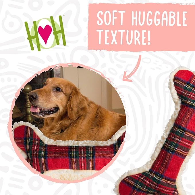 HuggleHounds Tartan Tidings Plush Bone Dog Toy - Dog Fuzzy Bone Toy, Soft Fleece, Durable, Stuffed Plush for Large Breeds, Puppies, Faux Sheepskin - 12" (1 Pack)