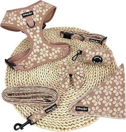 Medium Dog Collar and Harness Set – No Pull, All-Weather, Breathable Harness & Leash Set with Collar, Bandana, Sailor Bow & Poop Bag Holder – Adjustable & Soft - Cocoa Bloom on Jacquard Fabric