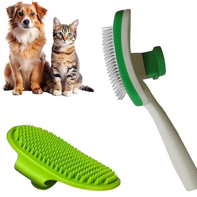Woofs and Purs 2 Pcs Self Cleaning Slicker Brush & Bath Brush For Dogs and Cats - Skin Friendly Deshedding Dog Brush Suitable For Shedding & Haired Pets, Green