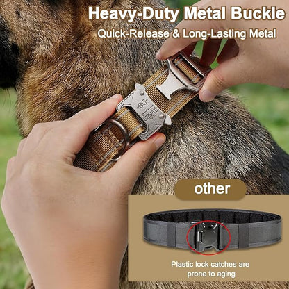 KCUCOP Tactical Dog Collar for Medium & Large Dogs - Military Nylon Heavy Duty Collar with Handle, Reflective Strip & Metal Buckle for Training, Outdoor (Brown Reflective, Medium)