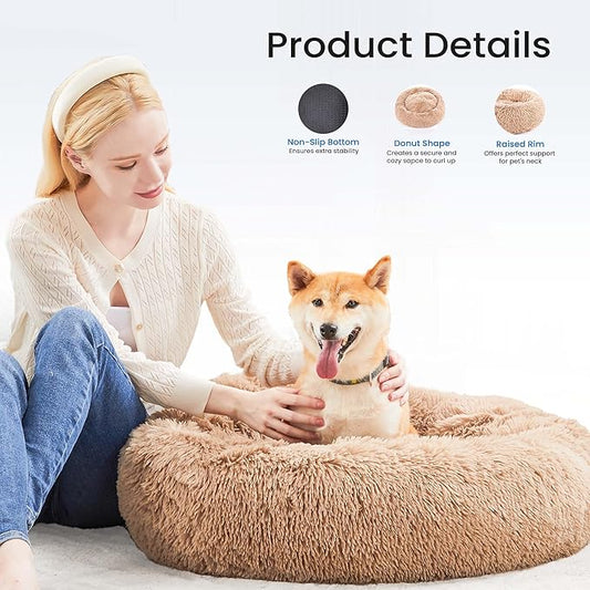 NEWBULIG 37.4x37.4 Inch Dog Bed Large Sized Dog, Donut Shape Cat Beds for Indoor Cats with Washable, Anti-Slip, Faux Fur
