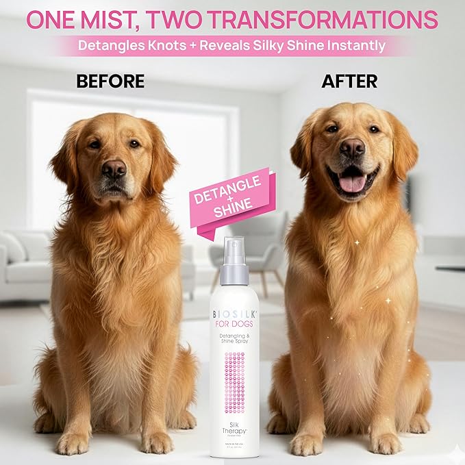 BioSilk for Pets Silk Therapy Detangling Plus Shine Mist for Dogs - Reduces Matted Fur, Shiny & Soft Coat - Suitable for All Dogs & Puppies, Made in USA, 8 Fl Oz - 2 Pack