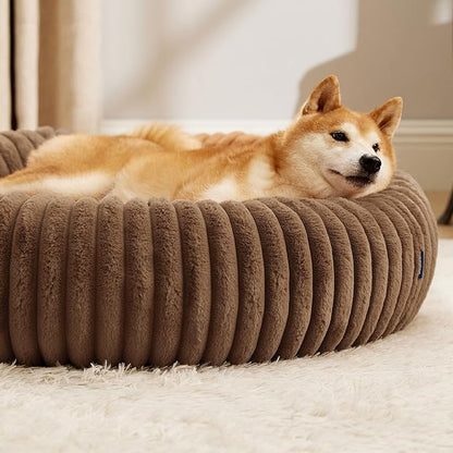 Bedsure ComfyFleece Donut Large Dog Bed - Washable Faux Fur with Corduroy Fleece & Anti Slip Bottom, Round Pet Bed with Removable Cover, Camel Brown, 36x36x8 inches