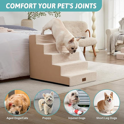COZY KISS Dog Stairs for Small Dogs, 5 Tier Wider Pet Stairs for High Beds, 23.6" H Non-Slip Dog Steps for Old Cats, Puppies, Small Medium Dogs, 19.7x29.5x23.6 inch, Beige
