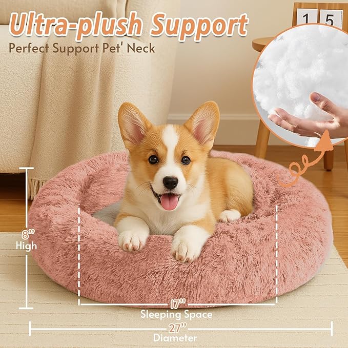 JOLLYVOGUE Calming Dog Bed Medium Size Dog, Anti-Anxiety Donut Medium Pet Bed, 27 inches Fluffy Faux Fur Round Cat Bed (Peach Pink)