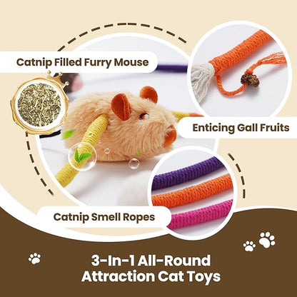PURETOY Cat Chew Ropes with Catnip Mice, 3Pcs Cat Chew Toys for Kitten/Large Cats Enrichment, 3-in-1 Catnip Toys Mouse & Strong Braided Ropes & Gall Fruits, Cats Teething Toys