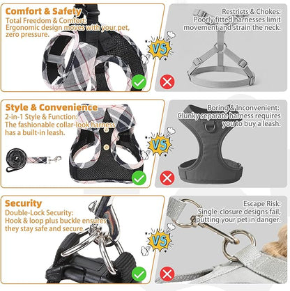 KOOLTAIL Dog Harness and Leash Set, Step in No Pull Soft Mesh Padded Pet Vest Harness Collar for Medium Size Dogs Cats Boy Girl, Breathable & Lightweight Plaid Puppy Harness, Beige M