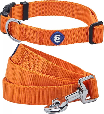 Blueberry Pet Essentials Matching Dog Collar and Leash Set in Orange Vermilion, Adjustable Classic Solid Color Nylon Collar with 5 ft Leash for Medium Dogs
