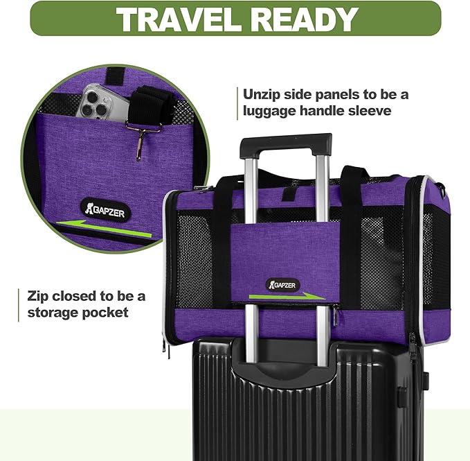 GAPZER Per Carrier for Cat 18x11x11 Inch FAA Complaint, Kitten Taxi Top Load Soft Cloth Bag, Small Animal Portable in Cabin Crate Shih Tzu Dog Kennel Carry Case, 4-Sided-Ventilated Kitty Purse Purple