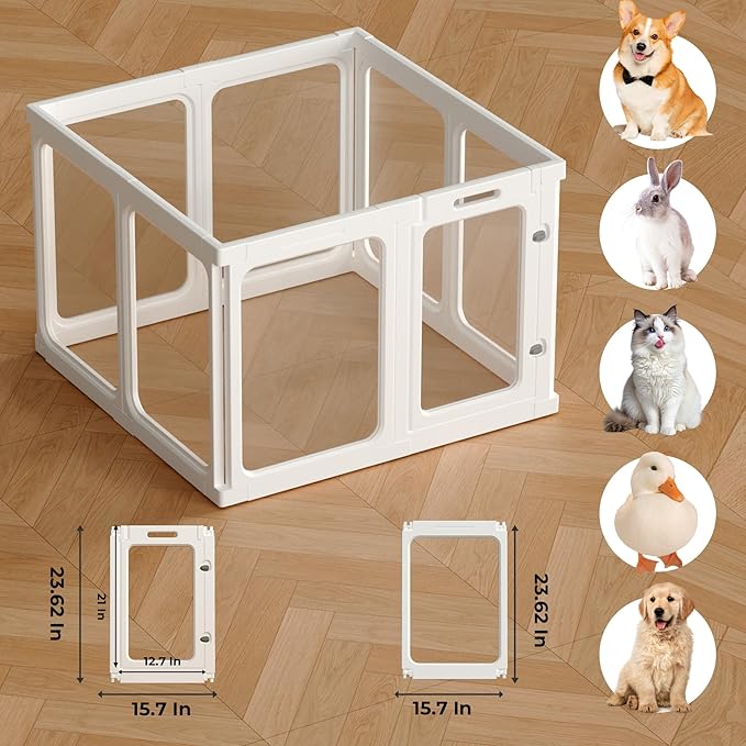 Jatindear 23.6“ H Clear Acrylic Plastic Dog Playpen, 8Pcs Lightweight & Easy Assemble Playpen Divider, Durable Safety Play Pen Indoors, Puppy, Cat, Small Animal(White)