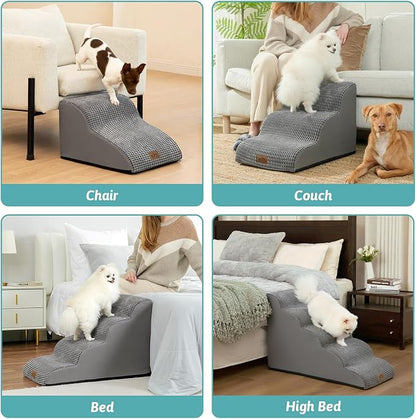 Dog Stairs for Small Dogs 15.7" H, Curved Dog Step for Puppy, Older Cat, Medium Pet Ramp for Sofa, Couch or Chair, Ladder with High Density Foam, 3 Step, 15.7x22.4x15.7 inch, Dark Grey
