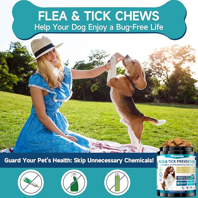 Woyamay Flea and Tick Prevention for Dogs Chewables, 200 Soft Treats, Natural Dog Flea and Tick Treatment, Oral Flea Chews for Dogs Supplement, Flea and Tick Chews for Dogs Puppies, All Breeds & Sizes
