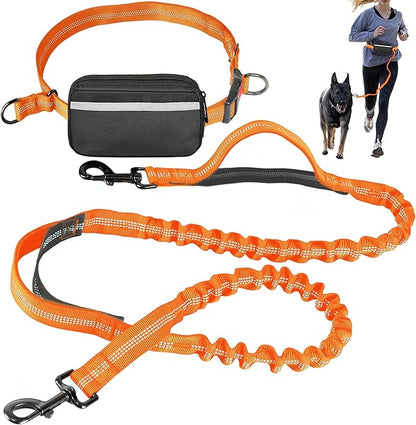 Hands Free Dog Leash with Waist Belt – No-Pull Bungee, Dual Padded Handles & Zipper Pouch for Running, Walking & Training – Adjustable Waist Leash for Large & Medium Dogs (Orange)