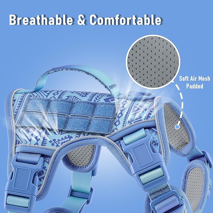 Heavy Duty Dog Harness for Large Dogs No Pull Adjustable Vest Harness with Handle Reflective K9 Military Service Puppy Vest for Walking Hiking Training, Blue Ethnic, XL