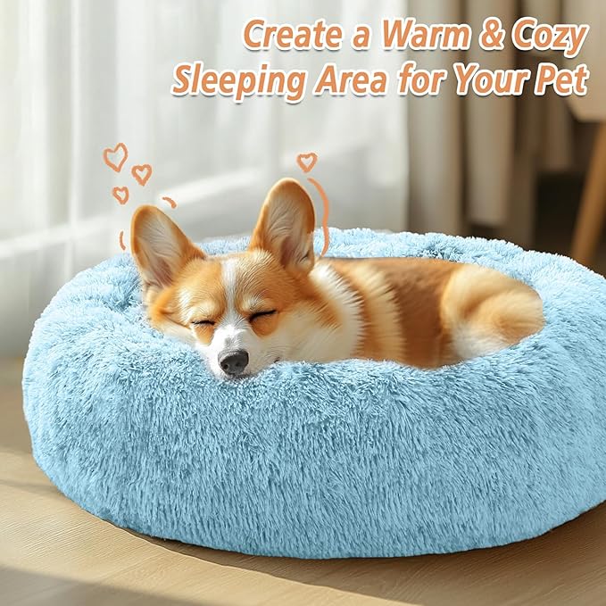 JOLLYVOGUE Calming Dog Bed for Small Dogs - 23 inches Donut Washable Small Dog Bed for Kittens & Puppies, Anti-Slip Round Fluffy Plush Faux Fur Cat Beds (Fits up to 25 lbs Pets, Light Blue)