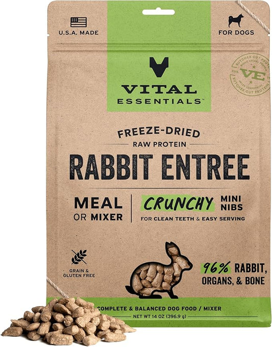 Vital Essentials Freeze-Dried Raw Dog Food, Rabbit Crunchy Mini Nibs | Complete Meal or Mixer | High Protein Dog Food | 14 oz