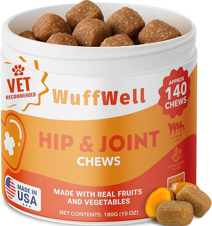 WuffWell Hip and Joint Supplement for Dogs – Natural Ingredients with Chondroitin, MSM, Turmeric, and Glucosamine – Supports Hip Dysplasia, Arthritis, and Mobility – 140 Count, Made in USA