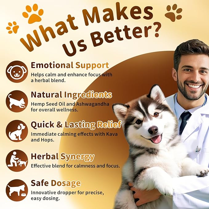 POPPAW Calming Drops for Dogs, Soothe Separation, Thunder & Fireworks Stress, Support Calmness, Focus & Cognitive Health, Promote Emotional Balance, for Dogs 12 Weeks+, Chicken Flavor, 1 FL.OZ