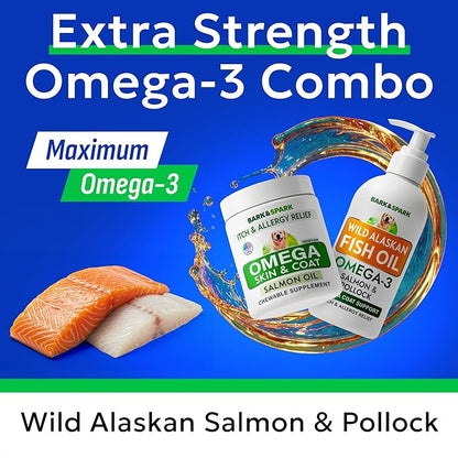 BARK&SPARK Omega 3 + Fish Oil for Dogs - Skin Allergy Chews, Itch Relief, Hot Spots Treatment - Fish Oil Liquid Supplement for Pets, EPA+DHA Fatty Acids, Skin & Coat Support - Bundle: 180 Ct + 16 Oz