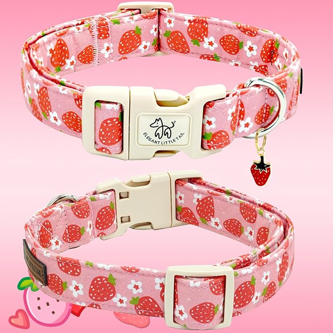 Elegant little tail Dog Collar, Strawberry Pattern Pet Collar Pink Durable Spring Female Spring Collar Adjustable Cotton Pet Collar with Quick Release Buckle for Large Dogs