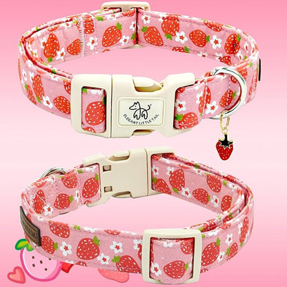 Elegant little tail Dog Collar, Strawberry Pattern Pet Collar Pink Durable Spring Female Spring Collar Adjustable Cotton Pet Collar with Quick Release Buckle for Large Dogs