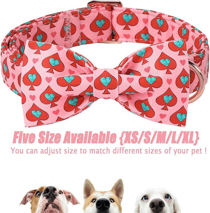 Valentines Dog Collar with Bow Tie - Spade Heart Pattern Pink Bowtie Dog Collar Adjustable Heavy Duty Valentines Dog Collars for Small Medium Large Dogs XS