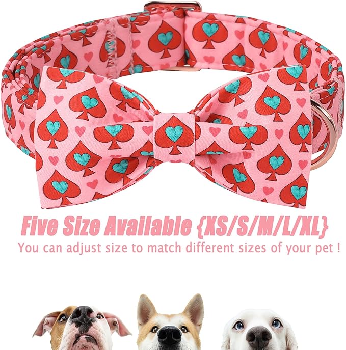 Valentines Dog Collar with Bow Tie - Spade Heart Pattern Pink Bowtie Dog Collar Adjustable Heavy Duty Valentines Dog Collars for Small Medium Large Dogs L