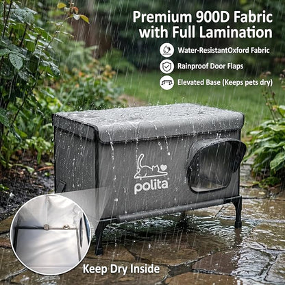 Polita Indestructible Heated Cat House for Outdoor Cats in Winter, Extremely Insulated & 100% Weatherproof, Elevated Feral Cat Shelter with Waterproof Eaves & Safe Escape Door for Stray & Barn Cats
