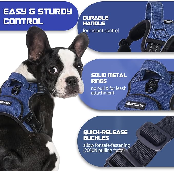 BUMBIN Dog Harness for Large Dogs, No Pull Adjustable No Choke Pet Vest with Dog Leash Fit Smart Reflective Pet Walking Harness for Training Easy Control Soft Handle Denim Blue XL